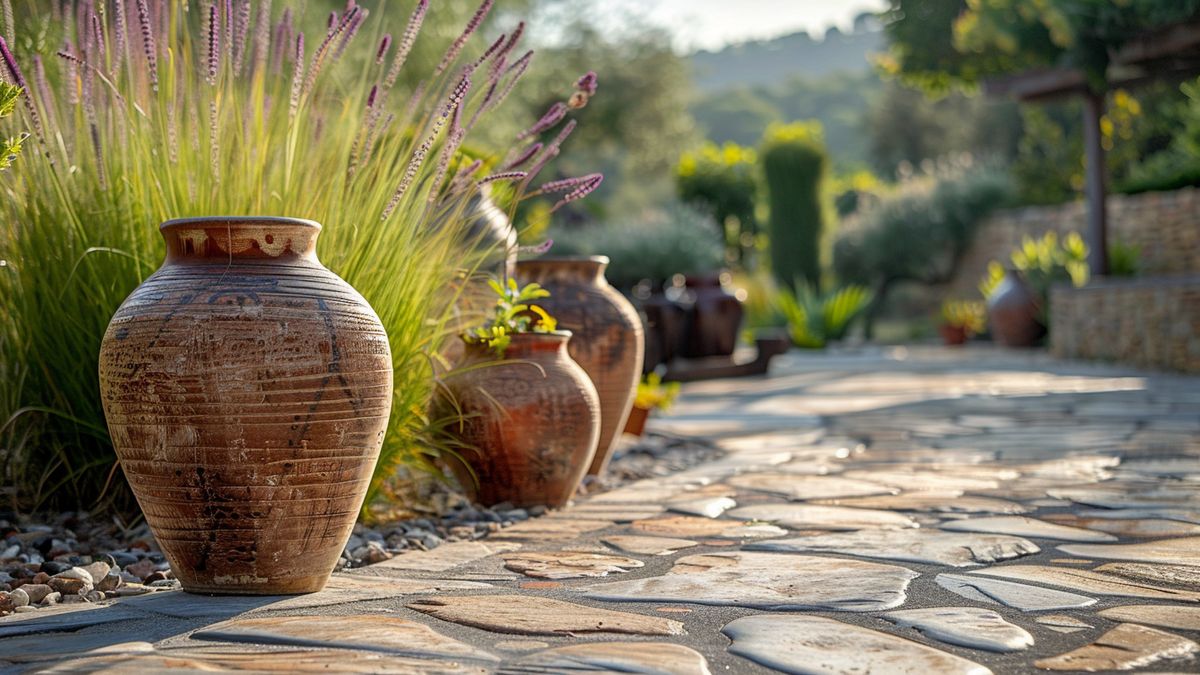 Creative use of amphoras to enhance visual appeal in outdoor spaces.