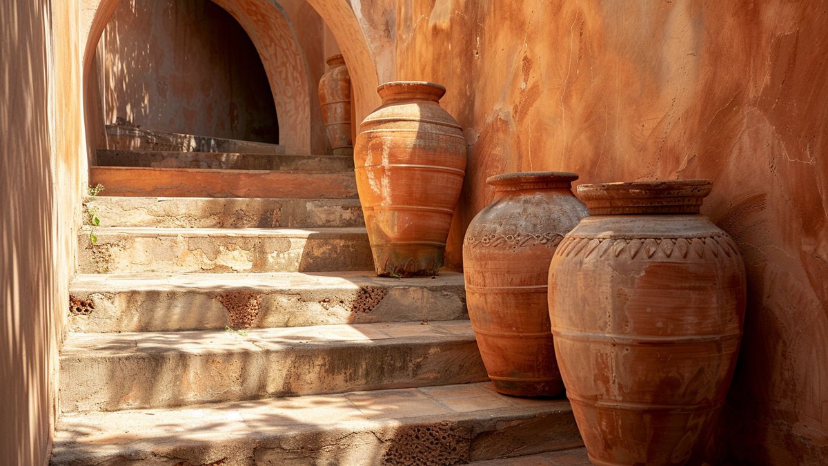 Beautiful terracotta amphorae enhancing the entrance to stairs or decorating walls.