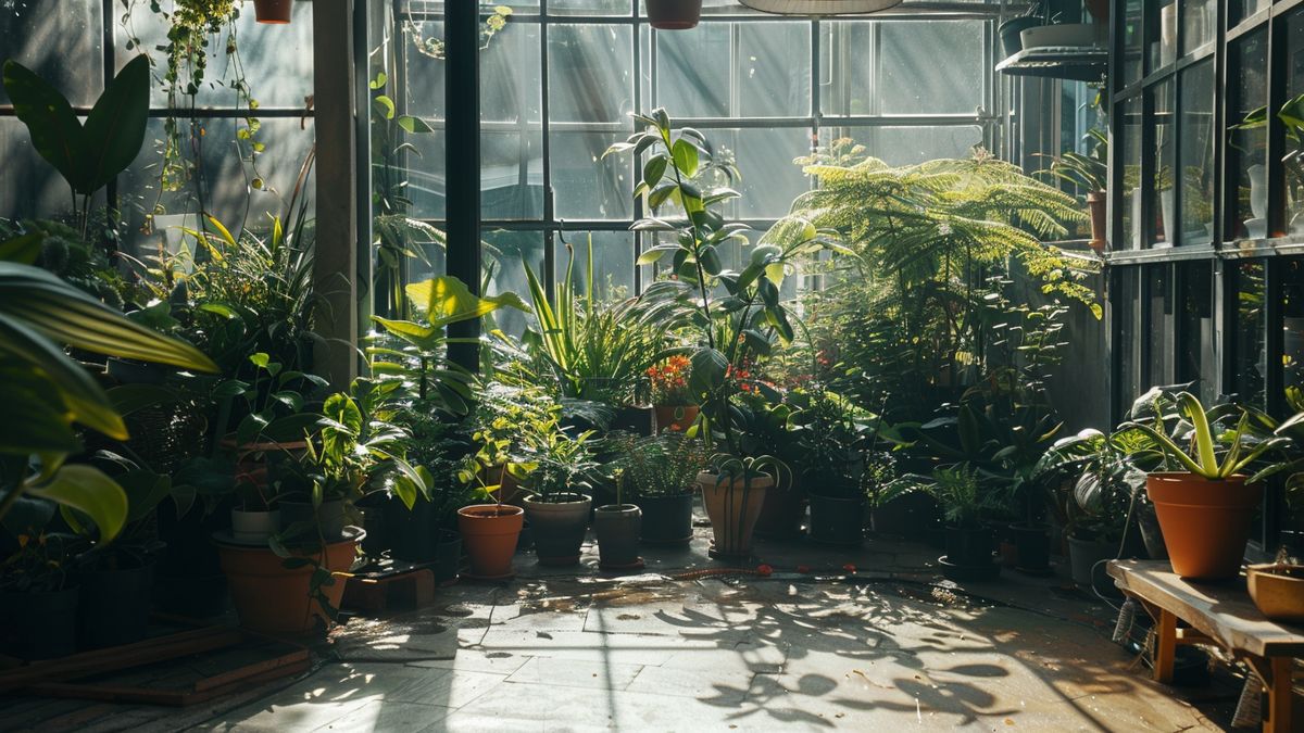 An urban oasis filled with potted plants, creating a cool microclimate.