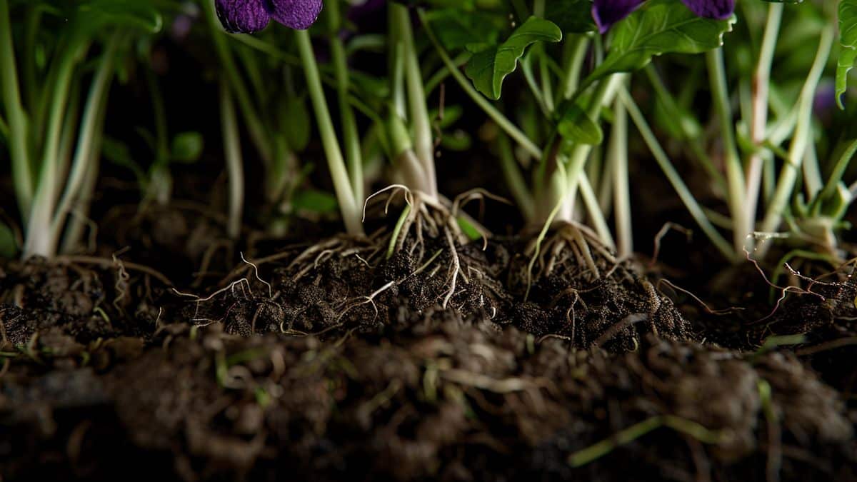 Violet plants with signs of root rot and collar rot disease