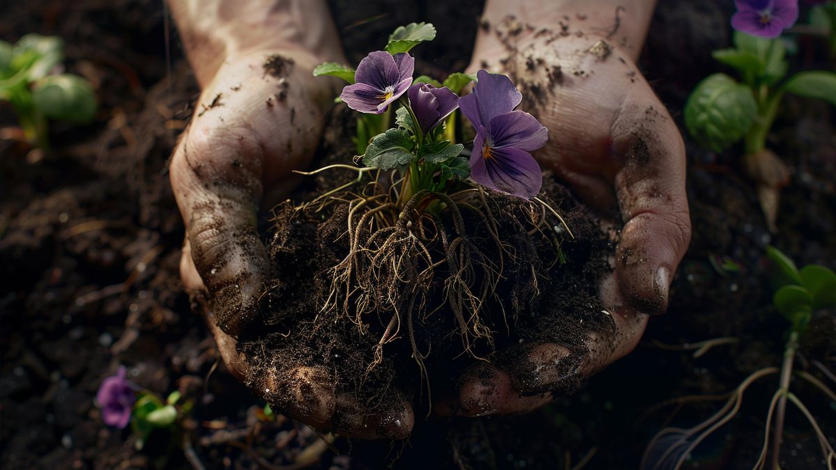 Compressing soil around violet roots to ensure proper growth and development