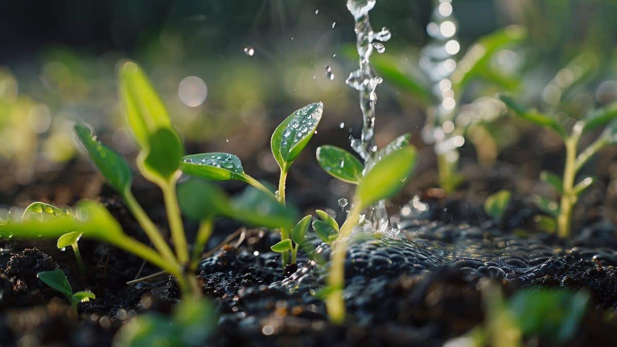 Pouring boiling water on young weeds for quick elimination.