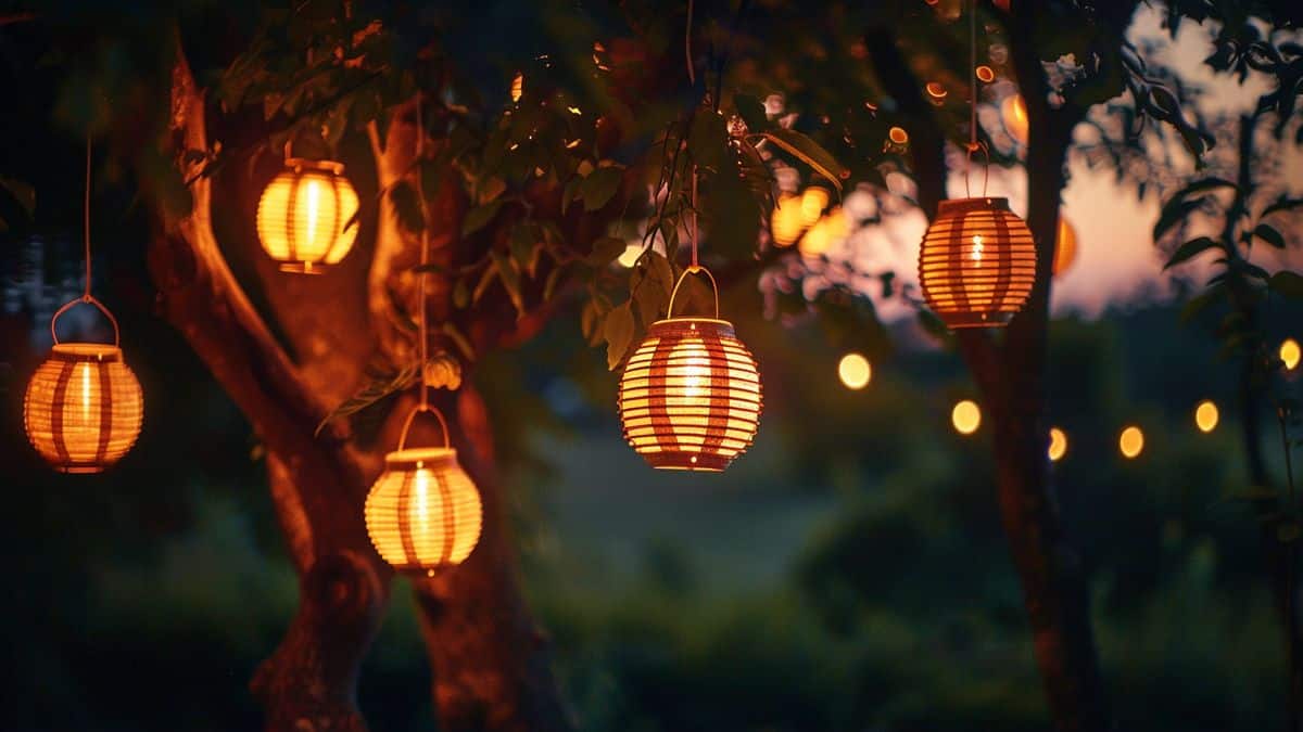 Solar lanterns hanging from trees, creating a magical ambiance at night.