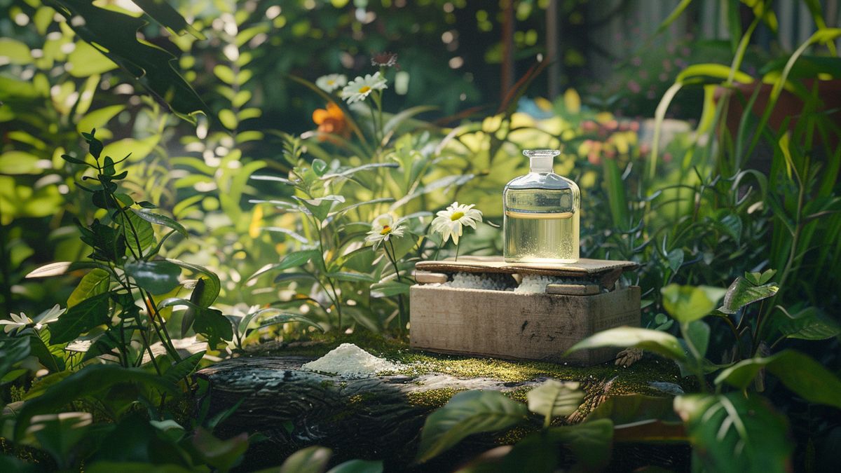 Lush garden with a small bottle of vinegar and box of baking soda.