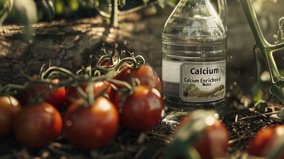 Garden scene with tomatoes and a bottle labeled 