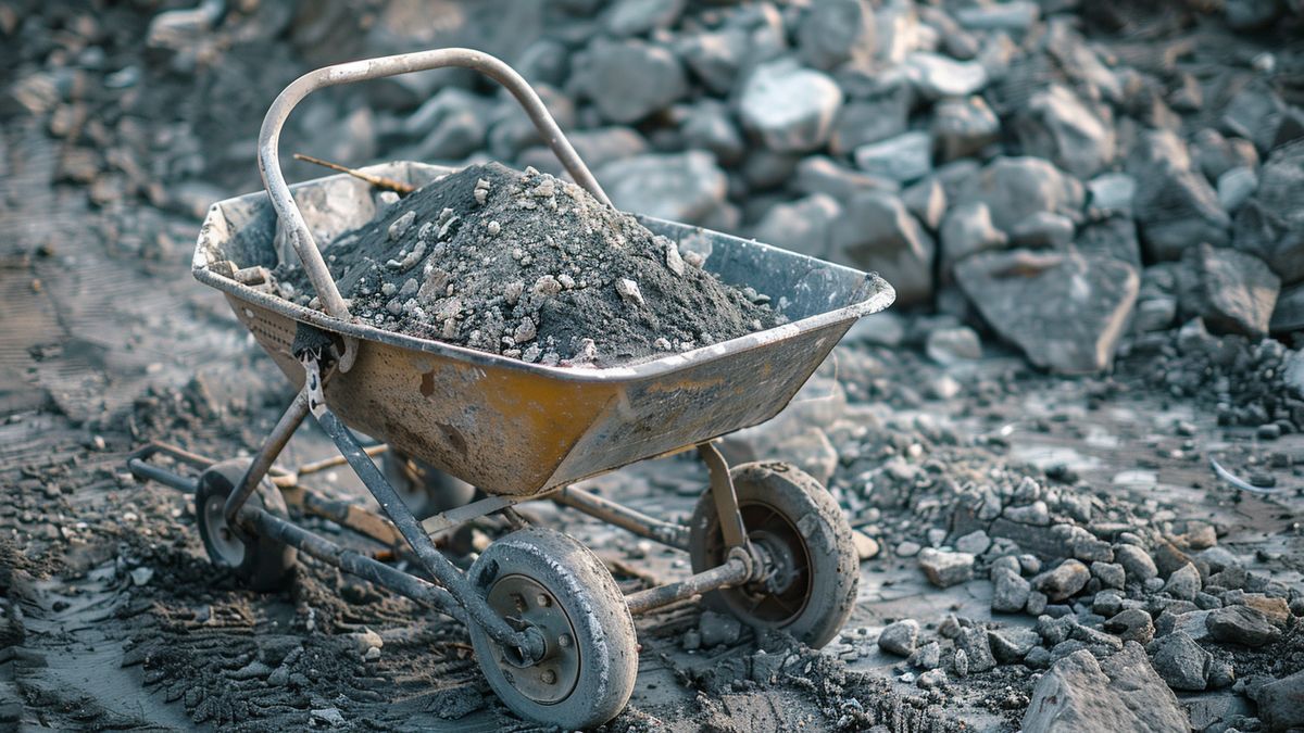 Wheelbarrow filled with ground limestone, ready for application.