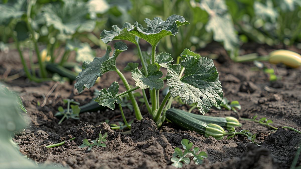 Healthy zucchini plants thriving in soil enriched with decomposing rice.