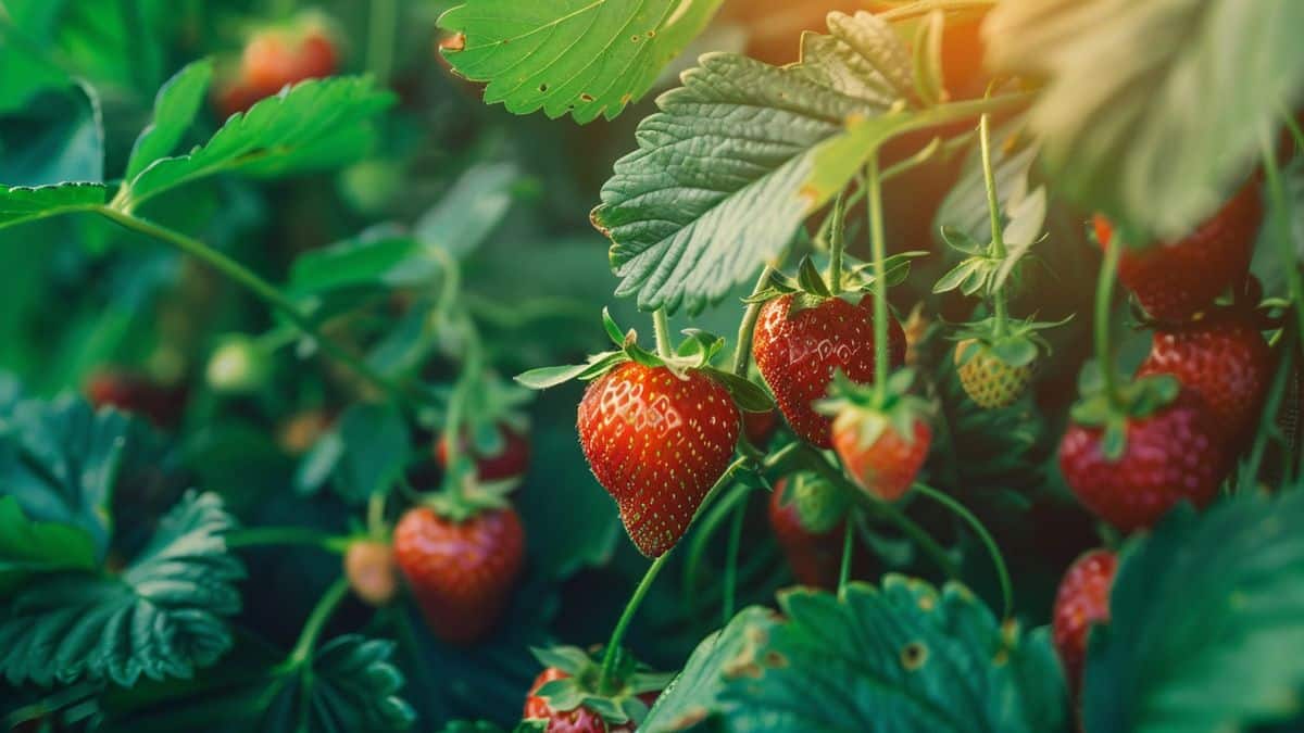 Fresh strawberries ready for harvest among vibrant green foliage.