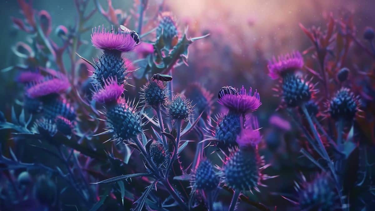 Thistle plant surrounded by colorful insects, illustrating its protective capabilities.