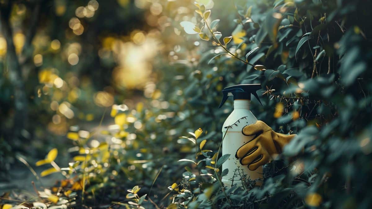 Herbicide bottle and gloves placed next to thorny bushes in a garden.