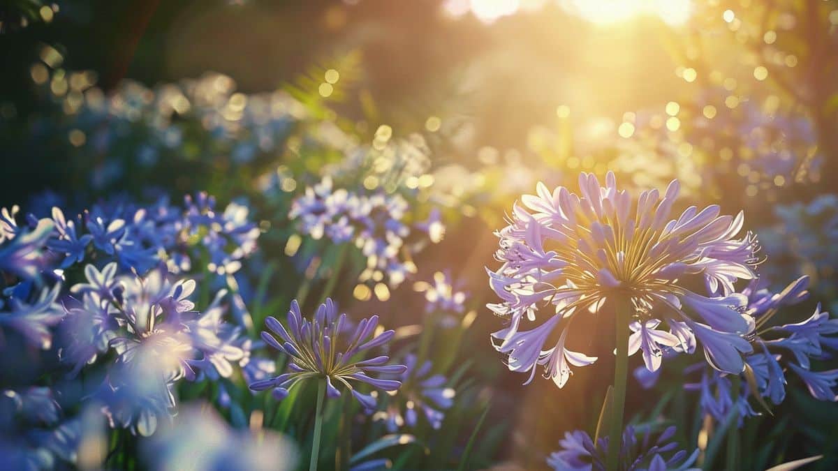 Sunlit garden with thriving agapanthus in full bloom.