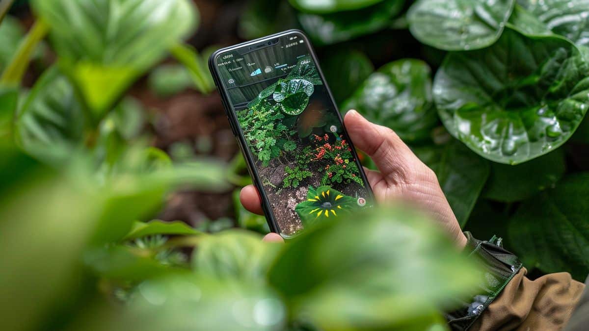 Person checking weather forecast on a smartphone for gardening.