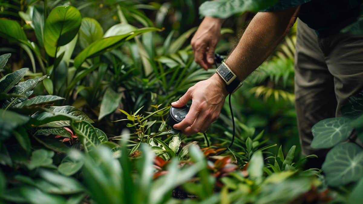 Hands adjusting an irrigation timer in a lush garden.