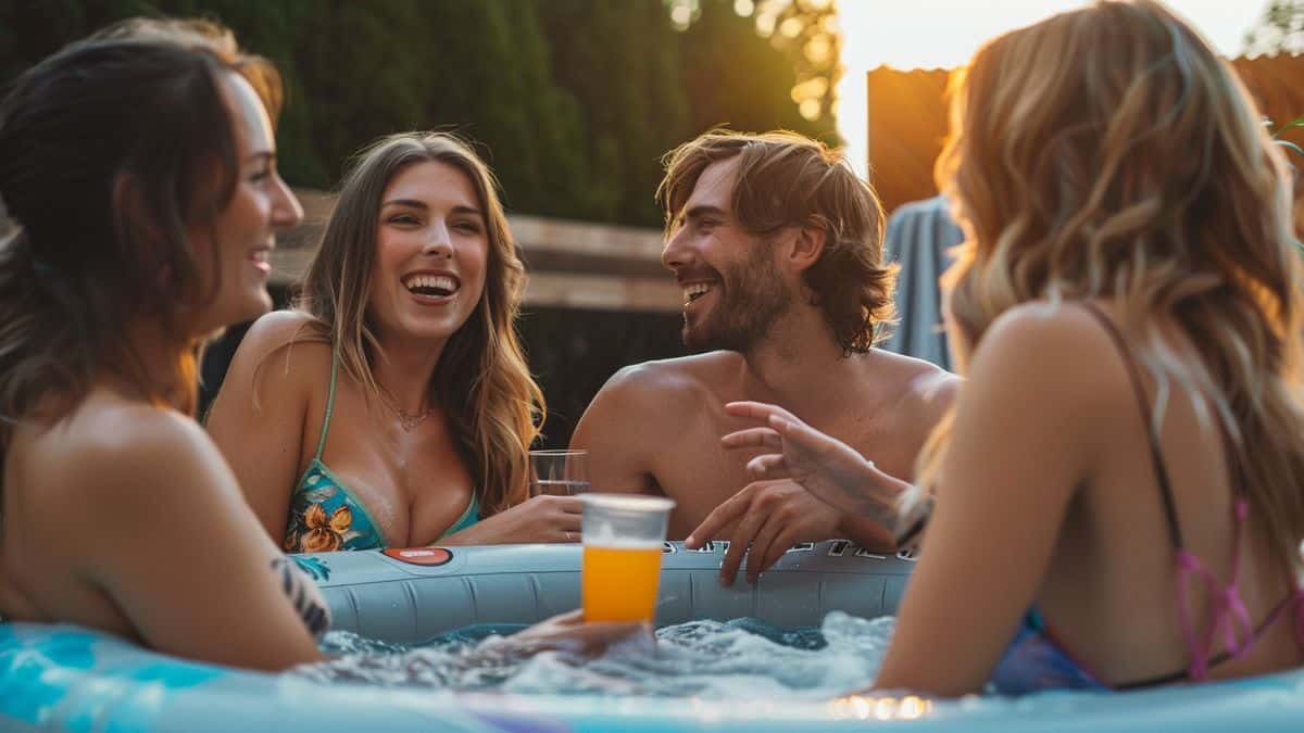 Group of friends chatting and laughing in an inflatable hot tub.