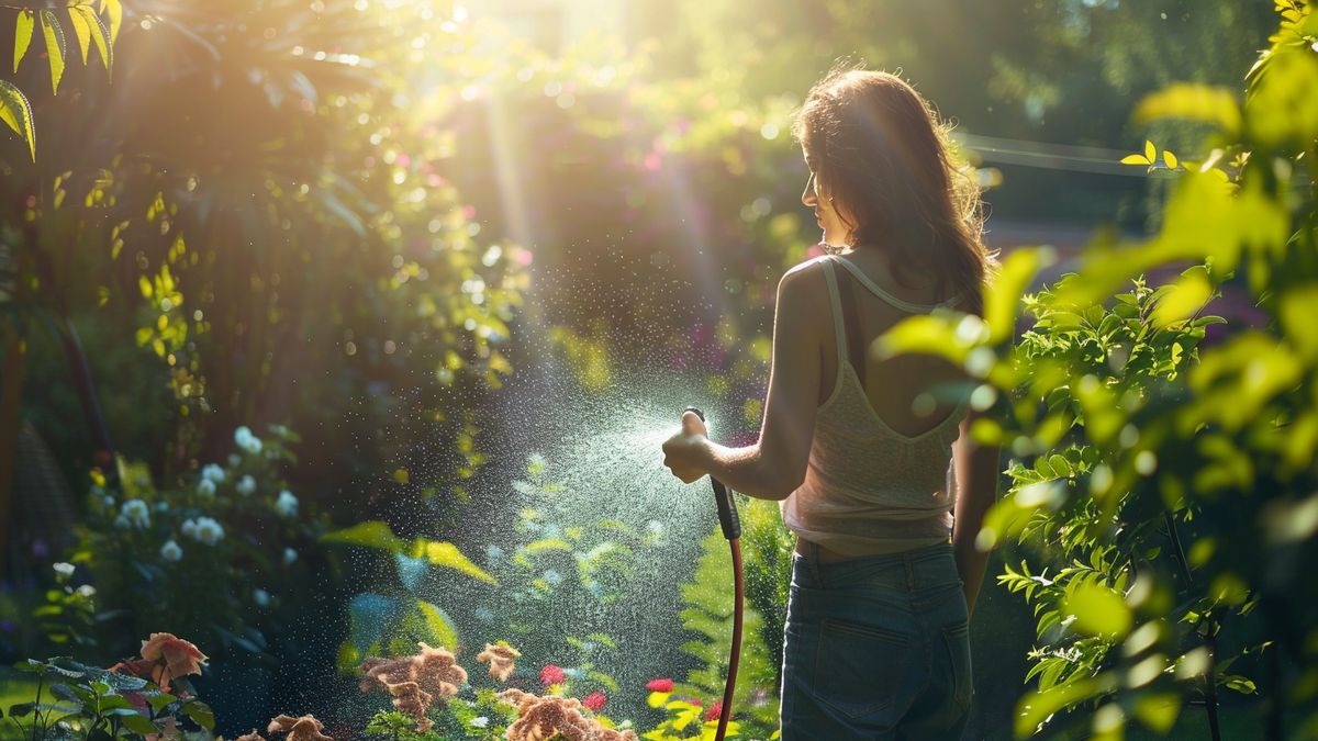 Woman watering garden in the shade with a hose.