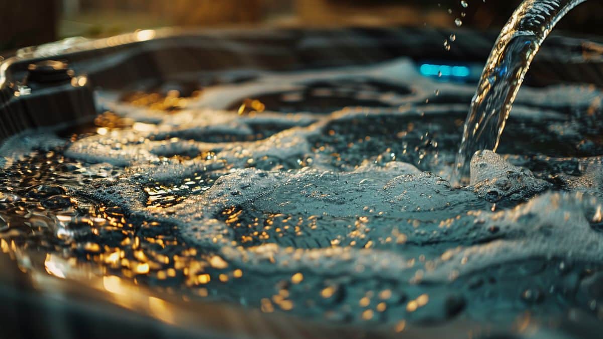 Closeup of connecting the hose to the hot tub.