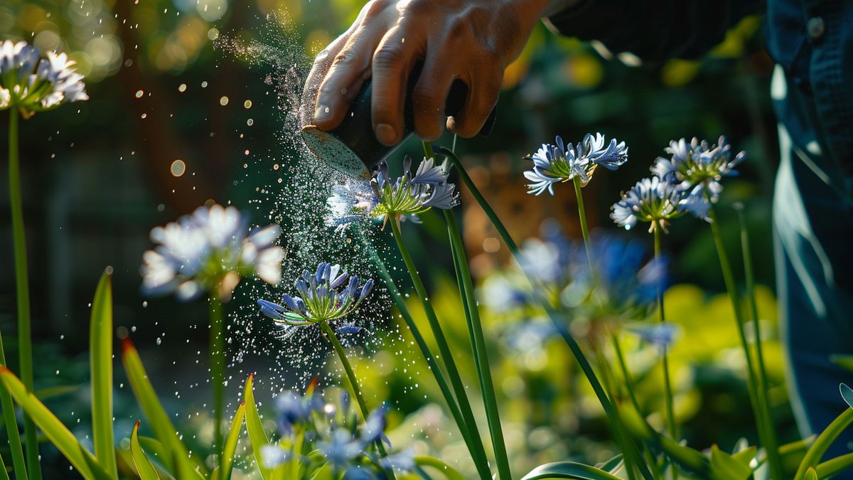 Gardener adding phosphorus and potassium fertilizer to Agapanthus in spring.