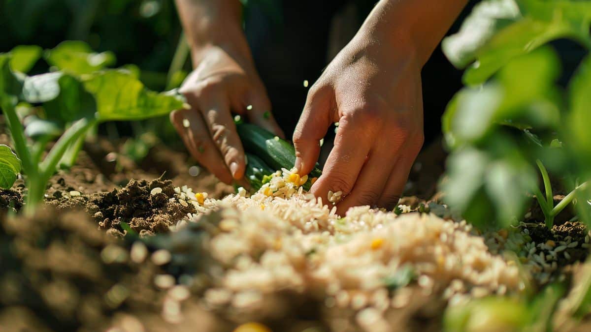 Hands mixing cooked rice into a compost pile next to zucchini plants.