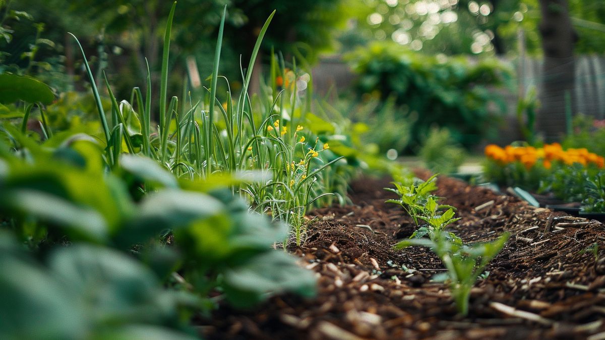 Garden bed with evenly spaced ollas providing steady moisture.