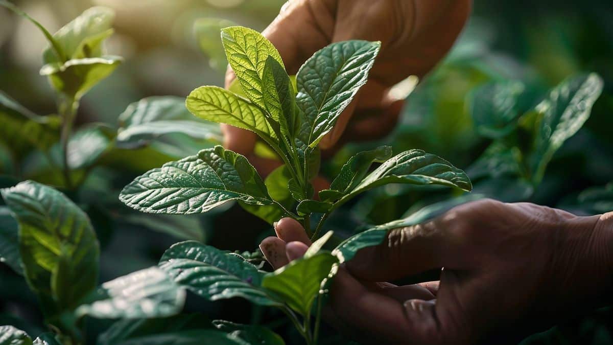 Hands inspecting plant leaves for healthy development.