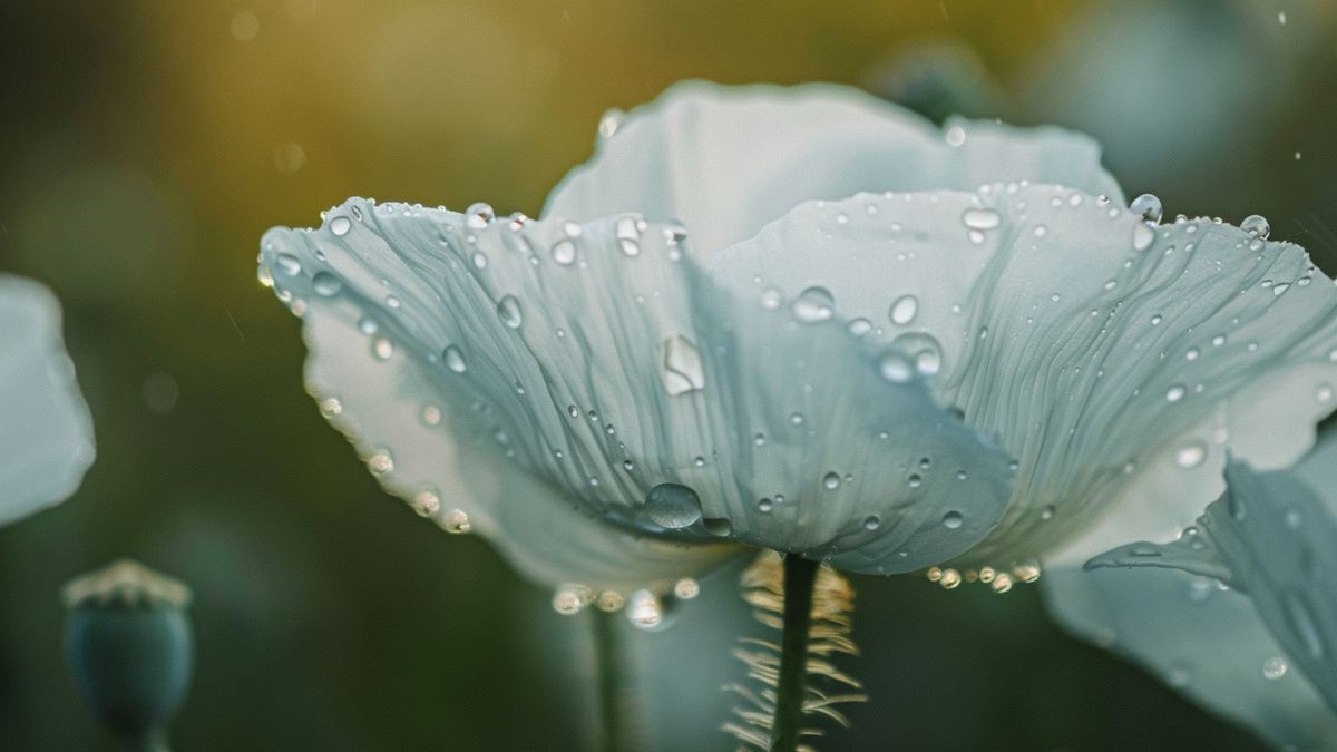 Closeup of white poppy petals with morning dew.