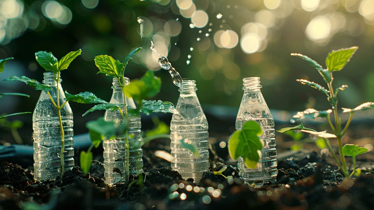 Upturned bottles steadily releasing water into soil beside young plants.