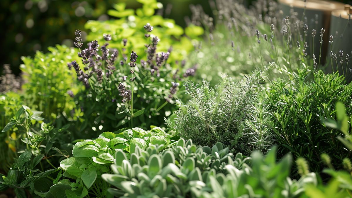 Tidy herb garden with lavender, rosemary, and thyme labels.