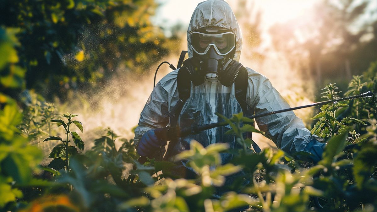 Farmer in protective gear spraying herbicides on crops.