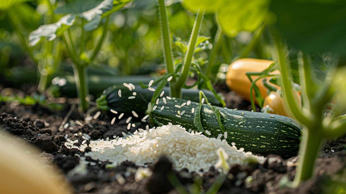 Closeup of raw rice scattered around zucchini plants in a garden.