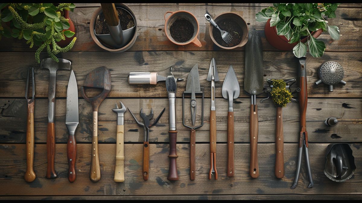 Sharp gardening tools laid out on a wooden table.