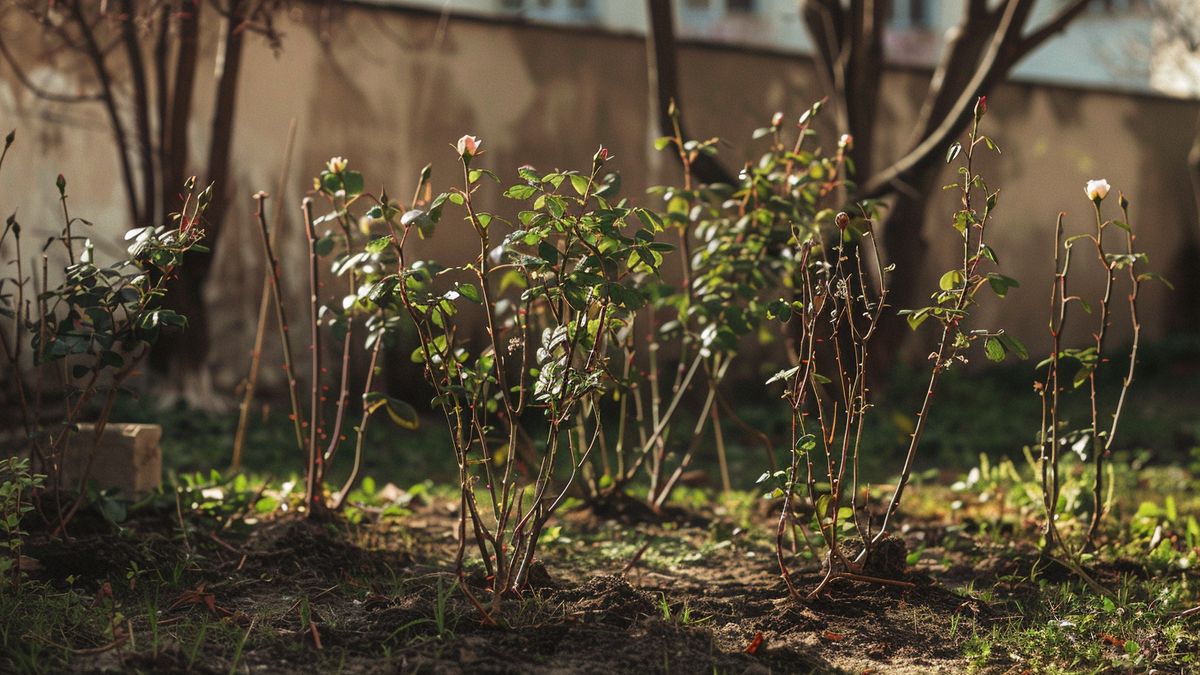 Rose bushes with pruned stems, ready for new growth in late winter.