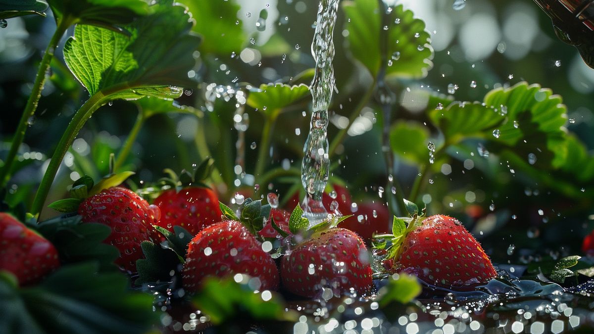 Liquid fertilizer being mixed with water before watering strawberries