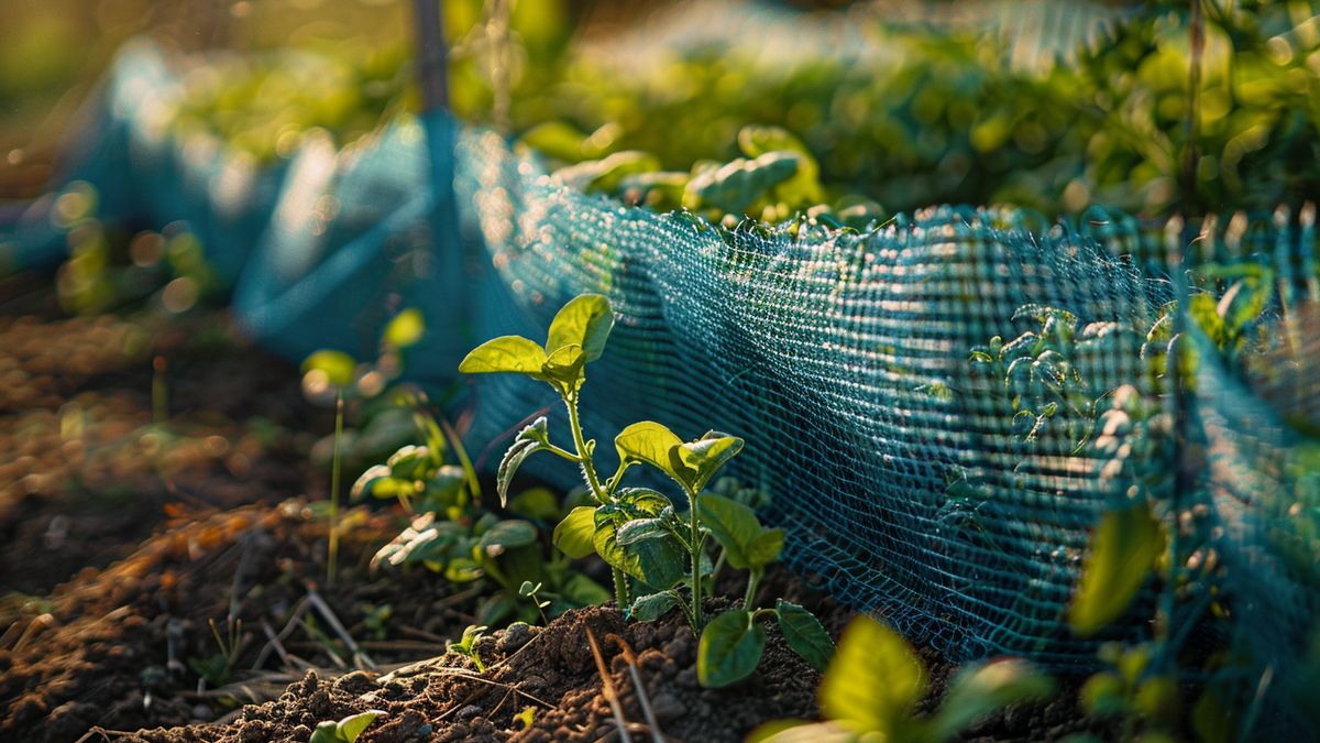 Strategically placed nets protecting vegetable patches.