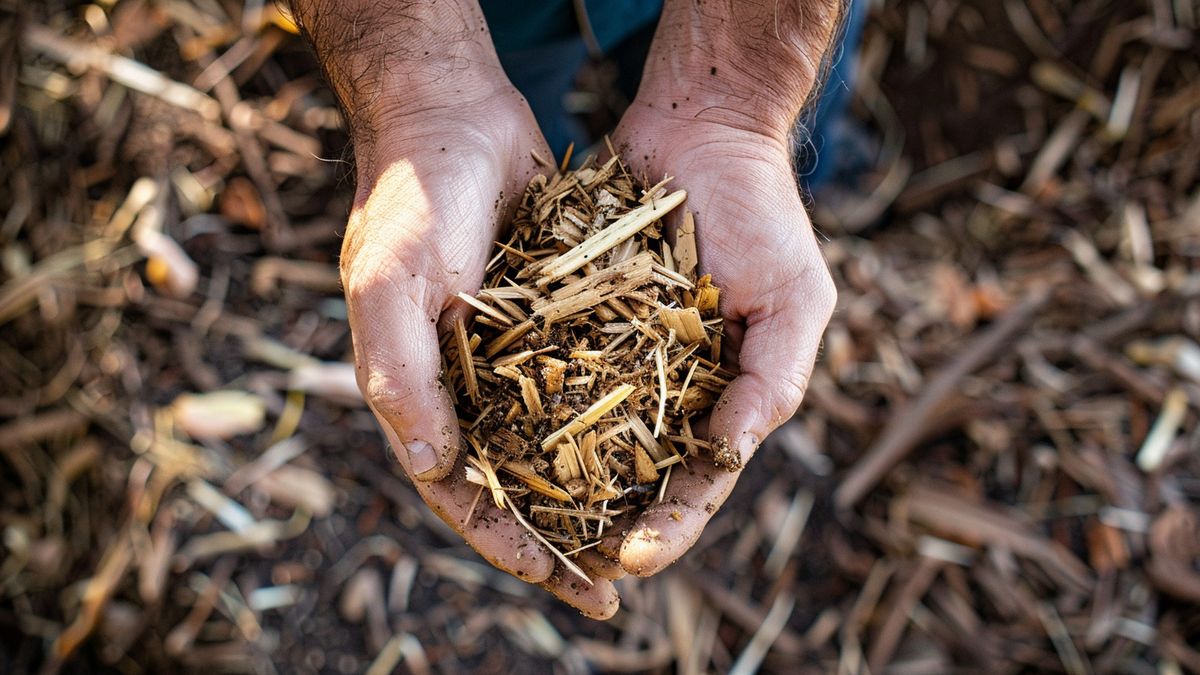 Hands holding a mix of straw and wood chips for mulching.