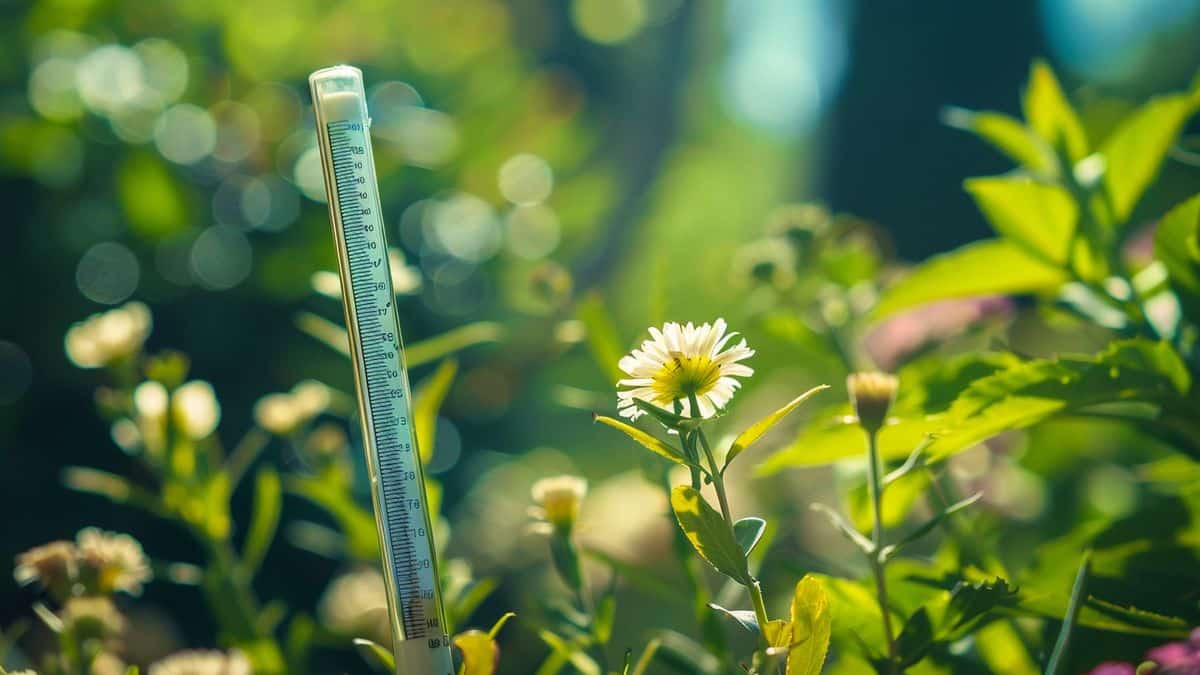 Closeup of thermometer showing high temperatures in summer garden.