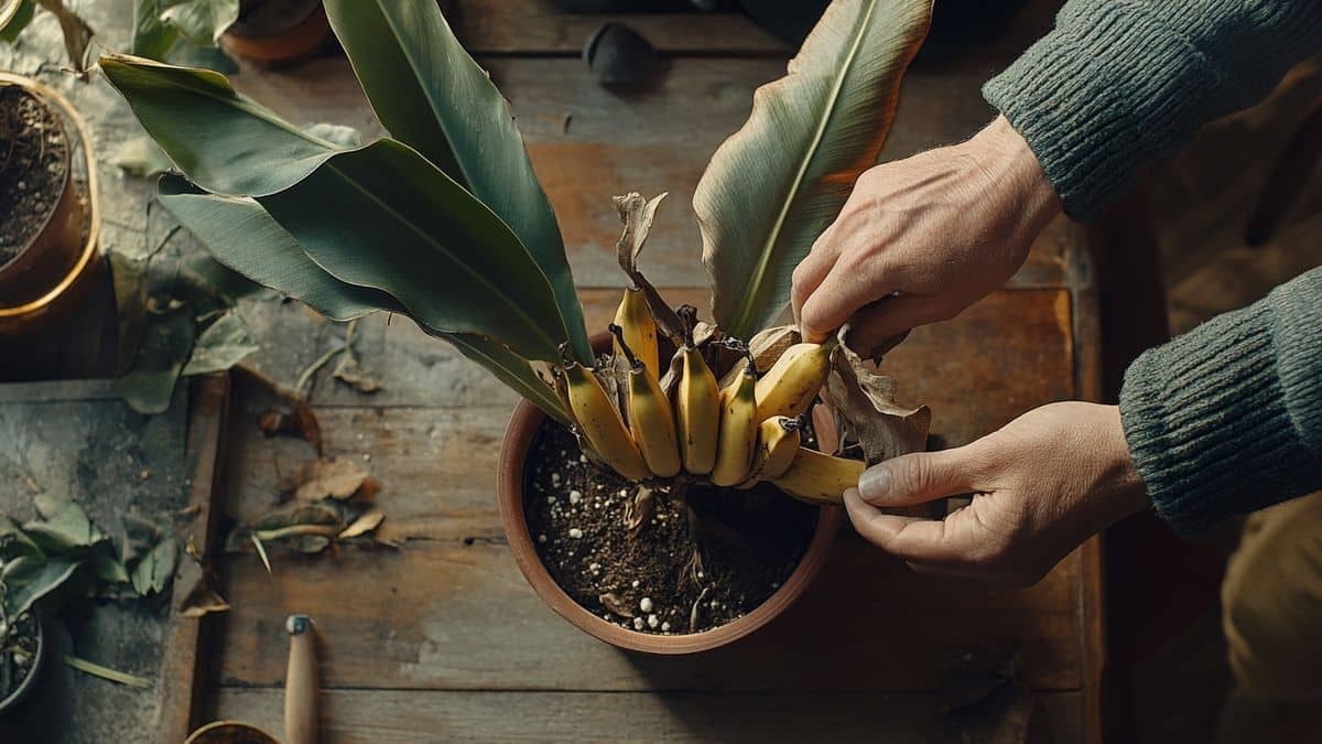 Piegamento e cura della pianta di banano in vaso